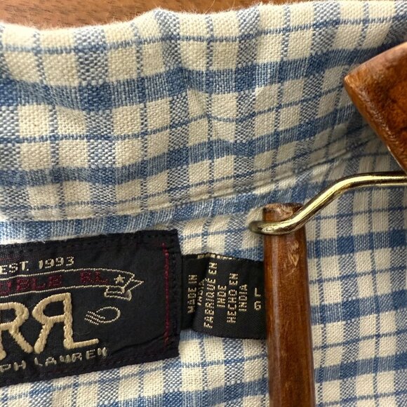Double RL Ralph Lauren Short Sleeve Blue & White Check  Linen Blend Size Large - Picture 4 of 15